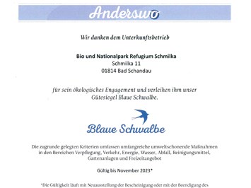 Bio-Hotel Zur Mühle Nachweise Zertifikate Blaue Schwalbe