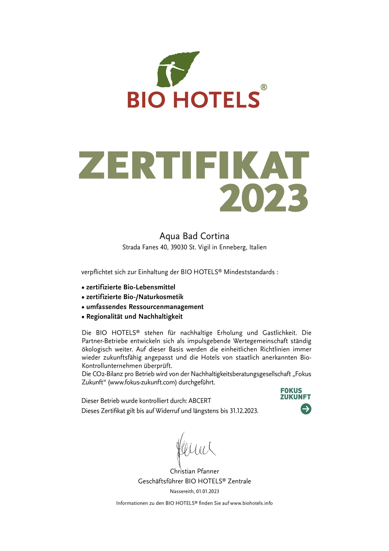 Aqua Bad Cortina & thermal baths Nachweise Zertifikate BIO HOTELS® Zertifikat